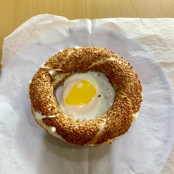 Simit & Poacha - Simit with freshly cracked egg and mozzarella - Bakeries Near Me - Houston, Texas Simit & Poacha - Simit with freshly cracked egg and mozzarella - Bakeries Near Me - Houston, Texas