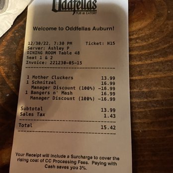 Oddfellas Pub & Eatery - a receipt for a drink - Irish Near Me - Auburn, Washington Oddfellas Pub & Eatery - a receipt for a drink - Irish Near Me - Auburn, Washington