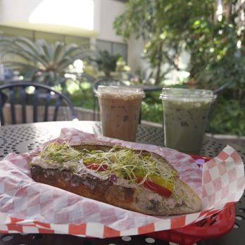 The Stroll Cafe and Bakery - left to right - tuna sandwich, spanish latte, honey matcha - Bakeries Near Me - Pleasanton, California