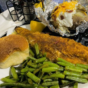 Nick's Restaurant - Pan fried walleye, loaded baked potato, fresh green beans, and a roll. - Pizza Near Me - Xenia, Ohio Nick's Restaurant - Pan fried walleye, loaded baked potato, fresh green beans, and a roll. - Pizza Near Me - Xenia, Ohio