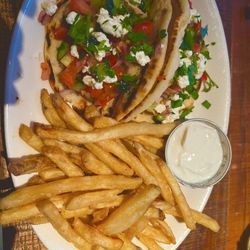 BJ's Restaurant & Brewhouse - Chicken taco in pita bread with fries and a side of Greek dressing