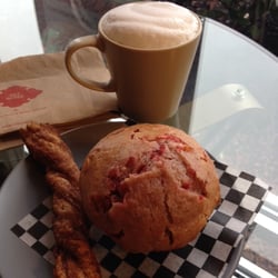 Wired Monk - Matcha green tea-accino and a raspberry yogurt muffin.  Cinnamon straw too.