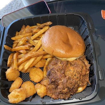 Bare Bones Grill and Bar - Barbecue Pulled Pork Sandwich, Fries & Corn Nuggets. Yummy - Barbeque Near Me - Ellicott City, Maryland