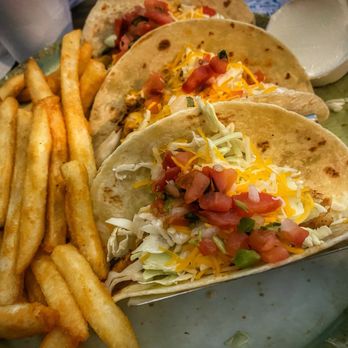 PJ's Oyster Bar - Blackened Chicken Tacos w/fries - Seafood Near Me - Indian Rocks Beach, Florida PJ's Oyster Bar - Blackened Chicken Tacos w/fries - Seafood Near Me - Indian Rocks Beach, Florida