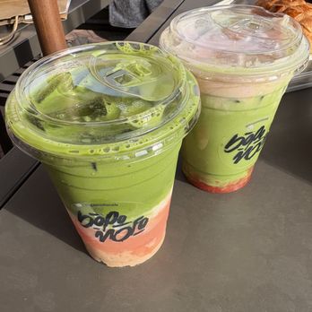 Bopomofo Cafe - Ba-La Matcha (left) and Triple Strawberry Matcha Latte (right) - Cafes Near Me - Irvine, California