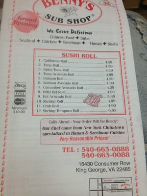 Menu photo 8 Benny's Sub Shop King George, VA