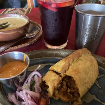 Q'ero Restaurant - Carne Empanada + soup. It was butternut squash. So yummy. Chicha was refreshing - Latin American Near Me - Encinitas, California