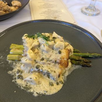 Peche Modern Coastal - HALIBUT OSCAR broiled halibut, colossal lump crab, asparagus, whipped potatoes, capers, yuzu cream - Seafood Near Me - Peachtree Corners, Georgia