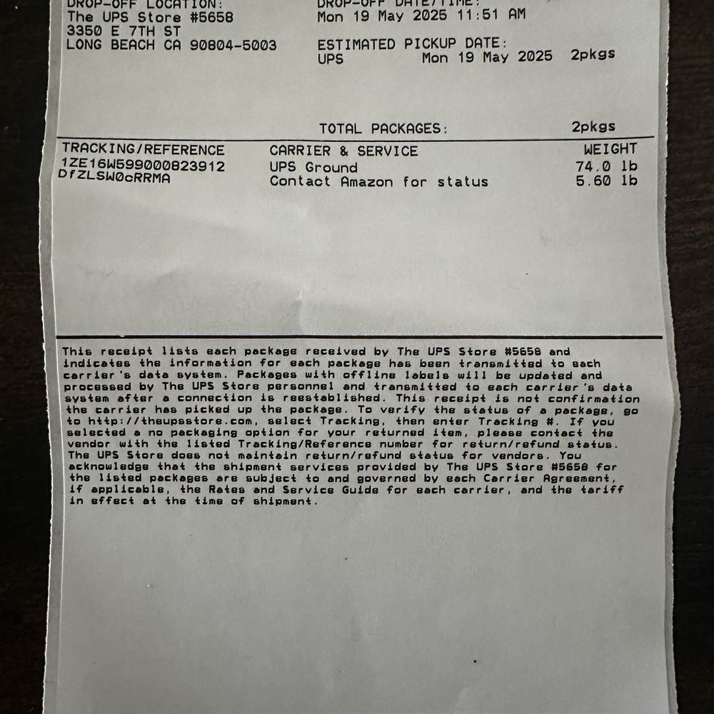 The UPS Store - Receipt stating 2 packages dropped off. - Shipping Centers Near Me - Long Beach, California The UPS Store - Receipt stating 2 packages dropped off. - Shipping Centers Near Me - Long Beach, California