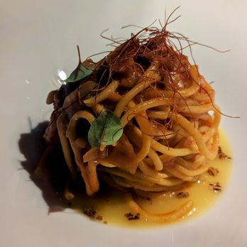 Il Refettorio - May 26, 2024; Bucatino all'Amatriciana con Guanciale di Wagyu e Pomodorino del Piennolo (€24). - Italian Near Me - Venice, VE