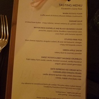 Elizabeth's - The tasting menu for Oct 5th. The only standout dish was the fig and the final dessert. - Vegan Near Me - Washington, DC, District of Columbia Elizabeth's - The tasting menu for Oct 5th. The only standout dish was the fig and the final dessert. - Vegan Near Me - Washington, DC, District of Columbia