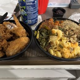 Super Soul Bowl with greens, yams, mac and cheese and cornbread dressing. Fried wings on the left. Super Soul Bowl with greens, yams, mac and cheese and cornbread dressing. Fried wings on the left.