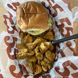 Hwy 55 Burgers Shakes & Fries - Lil size Americano Burger (no cheese) and fried pickles.