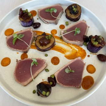 Solstice - Seared tuna grilled eggplant main course for lunch - New American Near Me - Irvine, California Solstice - Seared tuna grilled eggplant main course for lunch - New American Near Me - Irvine, California