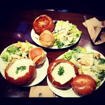 Boudin SF - Two clam chowder bread bowls and a chili with caesar salads on the side. - Bakeries Near Me - Irvine, California