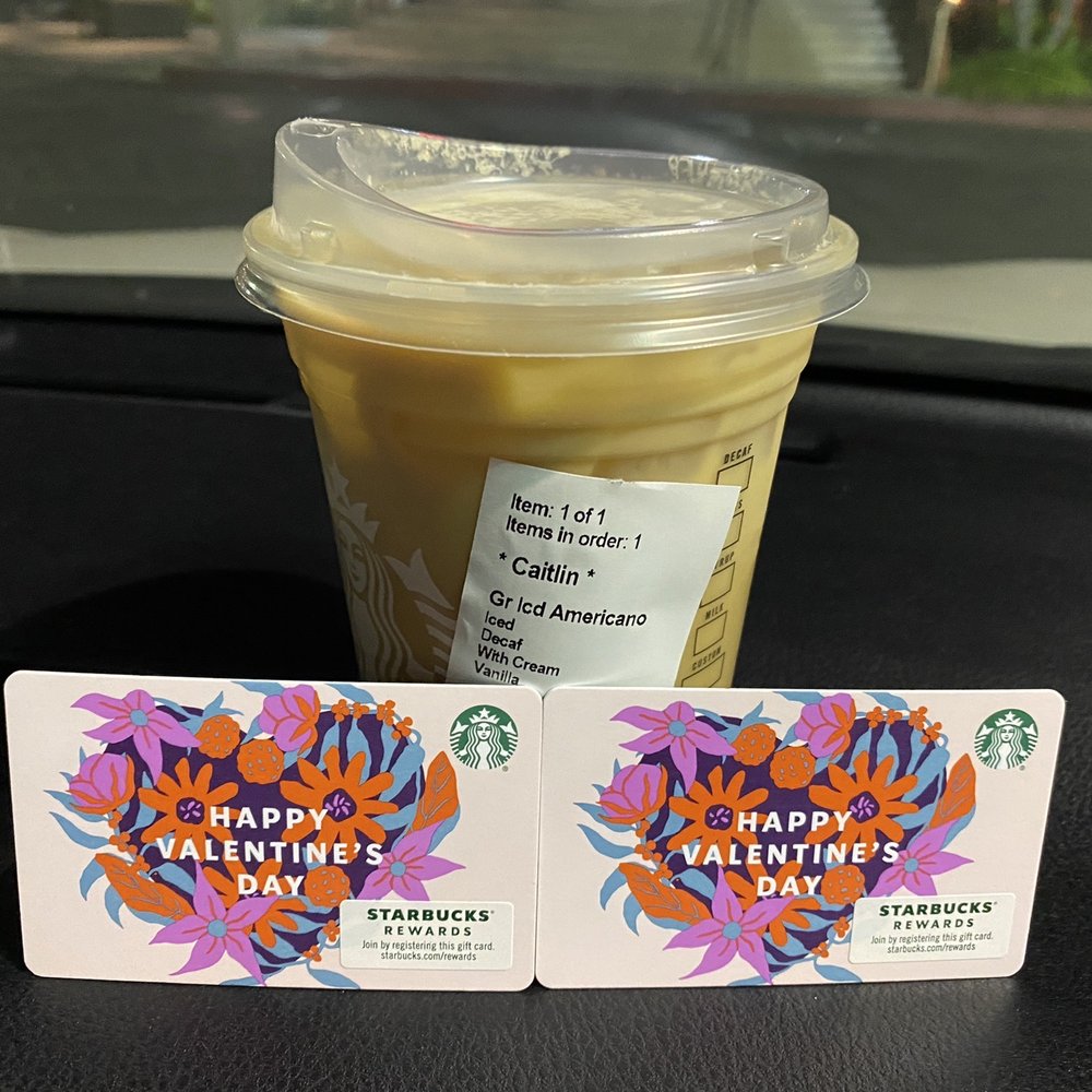 Starbucks - Grande Iced Decaf Americano with two Valentine's Day gift cards - Coffee & Tea Near Me - Costa Mesa, California Starbucks - Grande Iced Decaf Americano with two Valentine's Day gift cards - Coffee & Tea Near Me - Costa Mesa, California