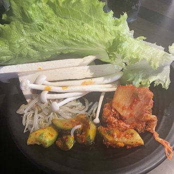 K-BBQ & Bar - Kimchi, cucumbers, mushrooms and lettuce for wraps - Korean Near Me - Orlando, Florida