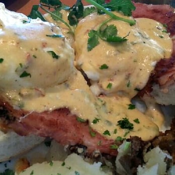 Plums Cafe - The poached eggs and ham on roll in my Santa Fe eggs Benedict - Breakfast & Brunch Near Me - Costa Mesa, California