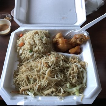 Chinatown Restaurant - Rice-noodle stir fry with fried rice and sweet and sour chicken - good - Chinese Near Me - Kalispell, Montana
