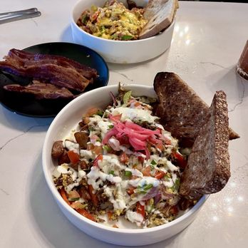 Story - Short rib scramble, and Denver scramble with side of TASTY, CRISPY bacon - Breakfast & Brunch Near Me - Whittier, California Story - Short rib scramble, and Denver scramble with side of TASTY, CRISPY bacon - Breakfast & Brunch Near Me - Whittier, California