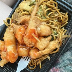 Sweet n sour chicken with beef low mein