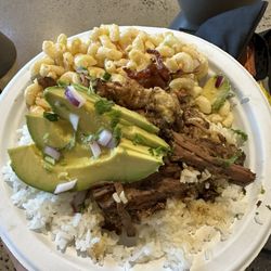 Wandering Agave Food Truck - Beef birria plate lunch served with rice, Mac salad, and cheese skirt under the birria!
