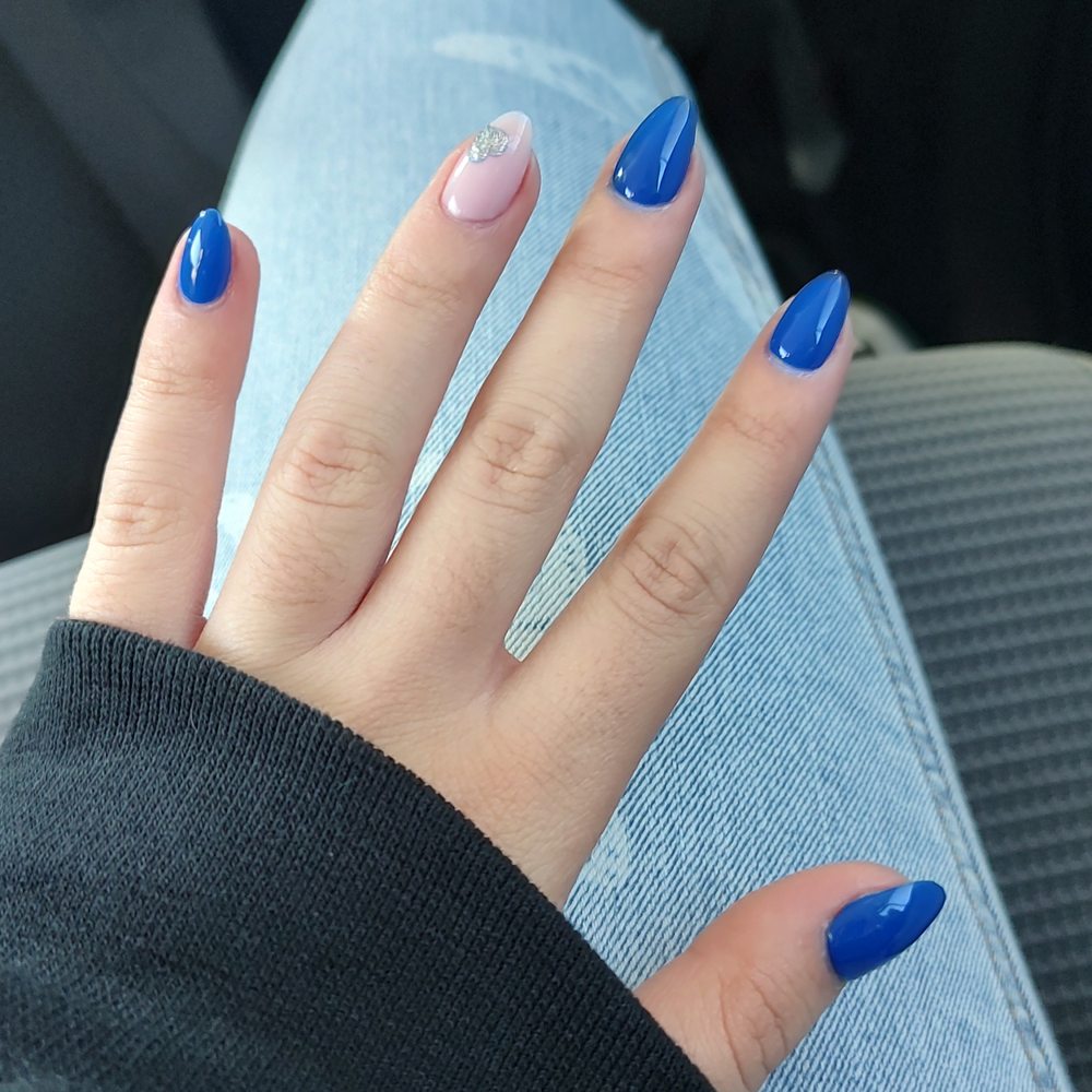 Vivi Nails Spa - Royal blue nails, the ring finger nude with a silver heart - Nail Salons Near Me - Las Vegas, Nevada Vivi Nails Spa - Royal blue nails, the ring finger nude with a silver heart - Nail Salons Near Me - Las Vegas, Nevada