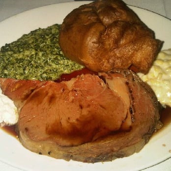 Summit House - Cottage Cut Prime Rib Dinner with Creamed Spinach, Creamed Corn, and Bread Pudding, with a dollop of Whipped Horseradish Sauce - Steakhouses Near Me - Fullerton, California Summit House - Cottage Cut Prime Rib Dinner with Creamed Spinach, Creamed Corn, and Bread Pudding, with a dollop of Whipped Horseradish Sauce - Steakhouses Near Me - Fullerton, California