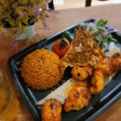 Koz Bingol - Chicken Shish. Grilled chicken breast with lime juice touch-up.  Rice with onion & sumac.