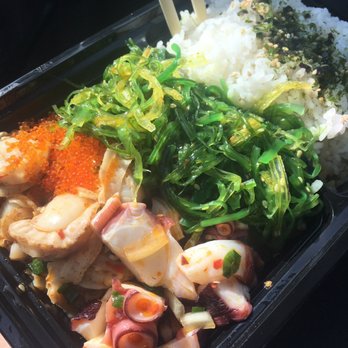 Seattle Fish Guys - Tako (octopus) and Scallop poke with seaweed salad and rice. - Seafood Markets Near Me - Seattle, Washington Seattle Fish Guys - Tako (octopus) and Scallop poke with seaweed salad and rice. - Seafood Markets Near Me - Seattle, Washington