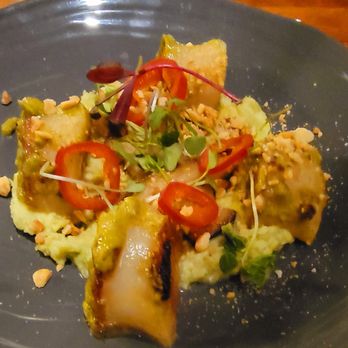 610 Magnolia - Seared Scallop Third: Peanut Pesto, Edamame Grits, King Oyster Mushrooms, Pickled Peppers - Southern Near Me - Louisville, Kentucky