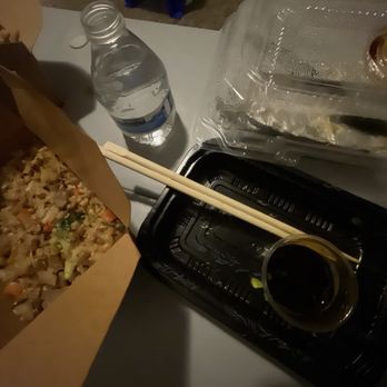 Sushi Camp - Kirkland 8oz water bottle in comparison to the serving sizes of the food. - Sushi Bars Near Me - Temecula, California
