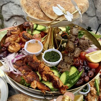 Night Hawk - Our Souvlaki missing 1 shrimp and surprisingly they replaced it with a whole plate of Salmon Skewers coz they are out of shrimps ;) - Greek Near Me - Coronado, California