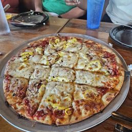 Pepperoni add banana peppers, bacon, and hot honey