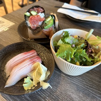 Sushi Pro - Hamachi nigiri, spicy tuna hand roll, salmon avocado hand roll, side salad - Japanese Near Me - San Jose, California Sushi Pro - Hamachi nigiri, spicy tuna hand roll, salmon avocado hand roll, side salad - Japanese Near Me - San Jose, California