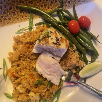 Square Grouper - Islamorada - Umami Wahoo with Conch fried rice and steamed vegetables - Seafood Near Me - Islamorada, Florida Square Grouper - Islamorada - Umami Wahoo with Conch fried rice and steamed vegetables - Seafood Near Me - Islamorada, Florida