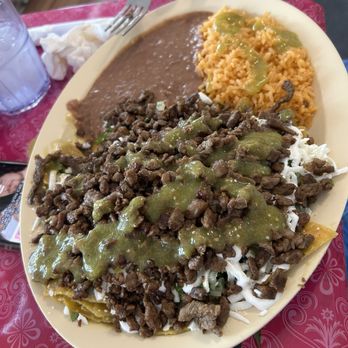 Deliciousness - Chili quilles with asada instead of eggs ( lunch) - Desserts Near Me - Mossyrock, Washington
