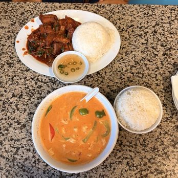 Sanamluang Cafe - Kra pao Crispy Pork Pad Ka Pao Panang curry with side of rice - Thai Near Me - Los Angeles, California Sanamluang Cafe - Kra pao Crispy Pork Pad Ka Pao Panang curry with side of rice - Thai Near Me - Los Angeles, California