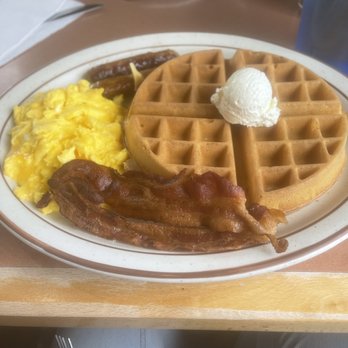 Los Angeles Restaurant - Breakfast - 2 bacon, 2 eggs scrambled, 2 sausages, and a waffle - Breakfast & Brunch Near Me - Hazel Crest, Illinois Los Angeles Restaurant - Breakfast - 2 bacon, 2 eggs scrambled, 2 sausages, and a waffle - Breakfast & Brunch Near Me - Hazel Crest, Illinois