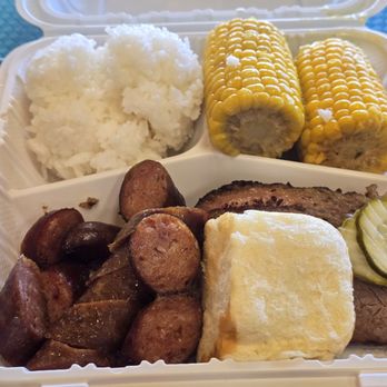 TEX 808 BBQ & Brews - Smoked brisket and smoked sausage. The brisket was really good. I just love corn. - Barbeque Near Me - Honolulu, Hawaii