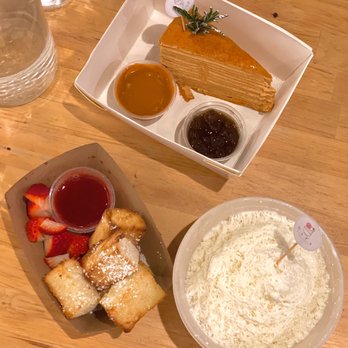NaYa Dessert Cafe - Thai Tea Crepe Cake, double strawberry bingsu (02/2022) - Desserts Near Me - San Francisco, California NaYa Dessert Cafe - Thai Tea Crepe Cake, double strawberry bingsu (02/2022) - Desserts Near Me - San Francisco, California