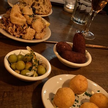 Taberna De Haro - Bread, Calamari, Croquetas, Buñuelos de Bacalao, and olives - Tapas Bars Near Me - Brookline, Massachusetts