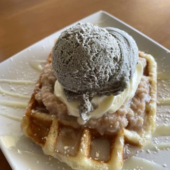 Cafe Hue - Black sesame gelato atop their new taro and cream waffle - Creperies Near Me - San Diego, California
