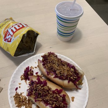 Ikea Restaurant - veggie dogs topped with pickled cabbage and crispy onion straws drizzled with a sweet honey mustard, YUM - Scandinavian Near Me - College Park, Maryland Ikea Restaurant - veggie dogs topped with pickled cabbage and crispy onion straws drizzled with a sweet honey mustard, YUM - Scandinavian Near Me - College Park, Maryland