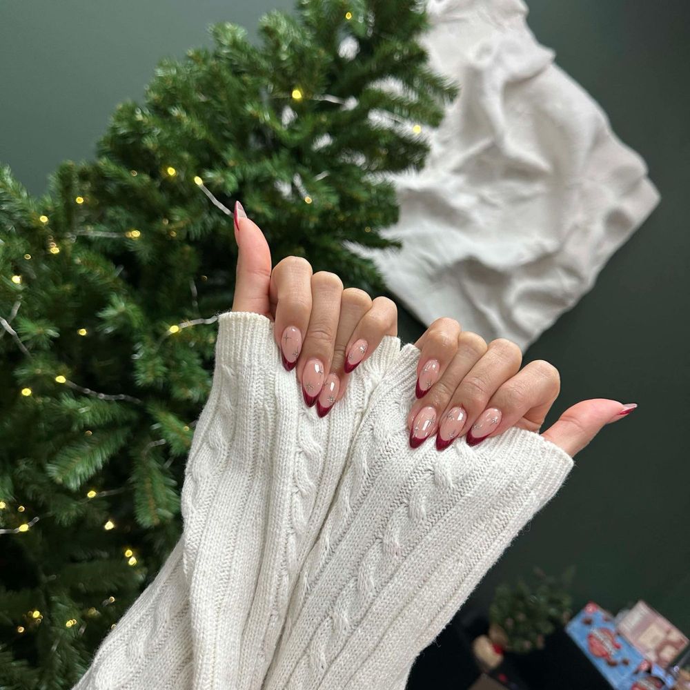 Pamper Space - Gel X set of red French tips with silver star designs - Nail Salons Near Me - Sunnyvale, California Pamper Space - Gel X set of red French tips with silver star designs - Nail Salons Near Me - Sunnyvale, California