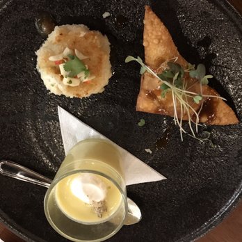 MW Restaurant - Crab cake, pork wonton and cream pudding for appetizer as part of their prix fixe menu - New American Near Me - Honolulu, Hawaii