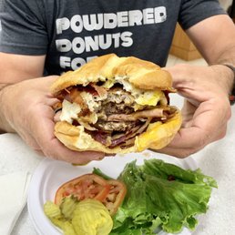 They call it "The Whole Farm" Double Bacon Cheeseburger with egg,sausage, and ham. They call it "The Whole Farm" Double Bacon Cheeseburger with egg,sausage, and ham.