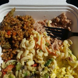 Tuna with capers, wheat berry salad, egg salad, pesto pasta salad and regular pasta salad Tuna with capers, wheat berry salad, egg salad, pesto pasta salad and regular pasta salad