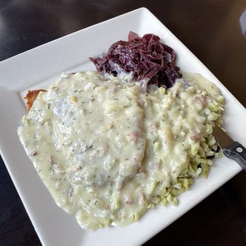 Colchuck's - Rahm Schnitzel with braised red cabbage and spatzle with gravy. - German Near Me - Leavenworth, Washington Colchuck's - Rahm Schnitzel with braised red cabbage and spatzle with gravy. - German Near Me - Leavenworth, Washington