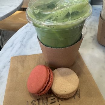 Alchemist Coffee Project - Iced Lavender Matcha Latte (with oat milk) and raspberry and vanilla macarons - Coffee & Tea Near Me - Los Angeles, California Alchemist Coffee Project - Iced Lavender Matcha Latte (with oat milk) and raspberry and vanilla macarons - Coffee & Tea Near Me - Los Angeles, California